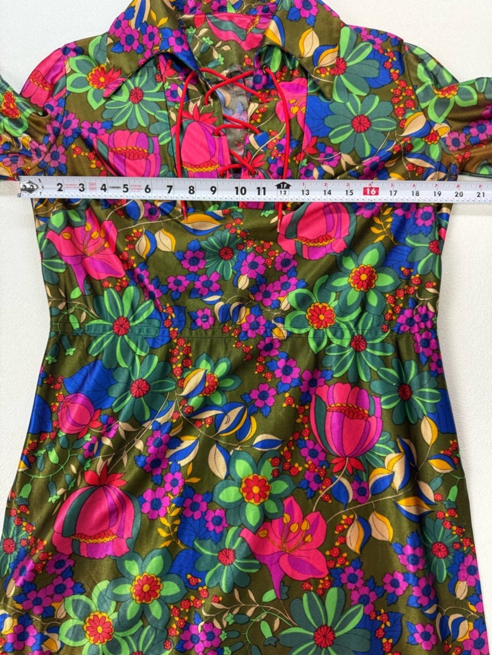 Vintage 60s 70s Mod Floral Mini Dress Boho Psychedelic Lace-Up Neck Long Sleeve - Picture 5 of 8
